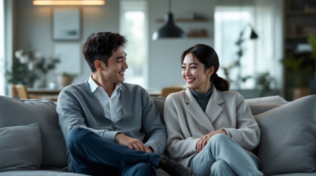 쇼파에서 이야기 나누고 있는 다정한 부부의 모습