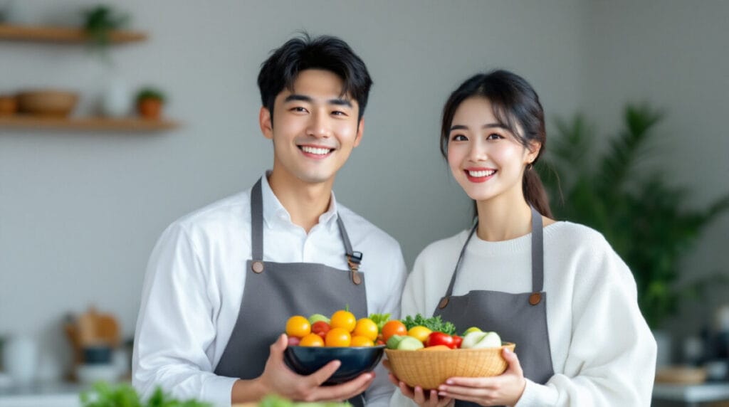 과일을 들고 활짝웃고 있는 두남녀