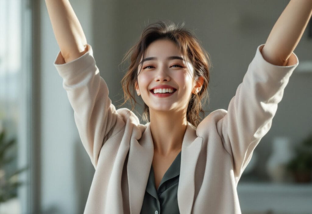 기지개를 피며 활짝 웃고있는 여성