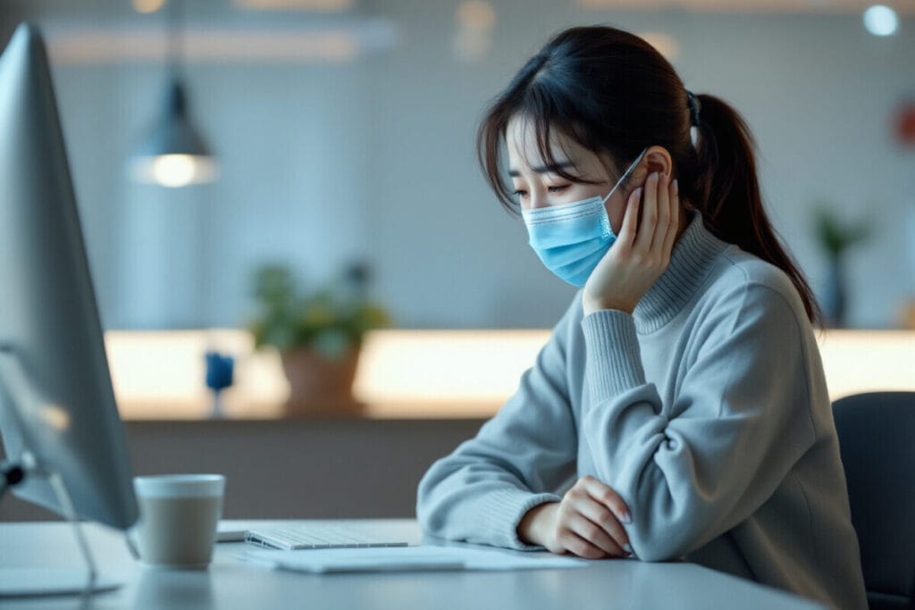 독감으로 힘들어 하는 여성