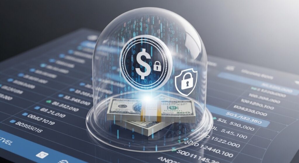 법정화폐(달러)에 1:1로 고정된 스테이블 코인을 시각적으로 표현한 그림. 투명한 유리 돔이 중앙화된 담보 관리를 상징합니다.