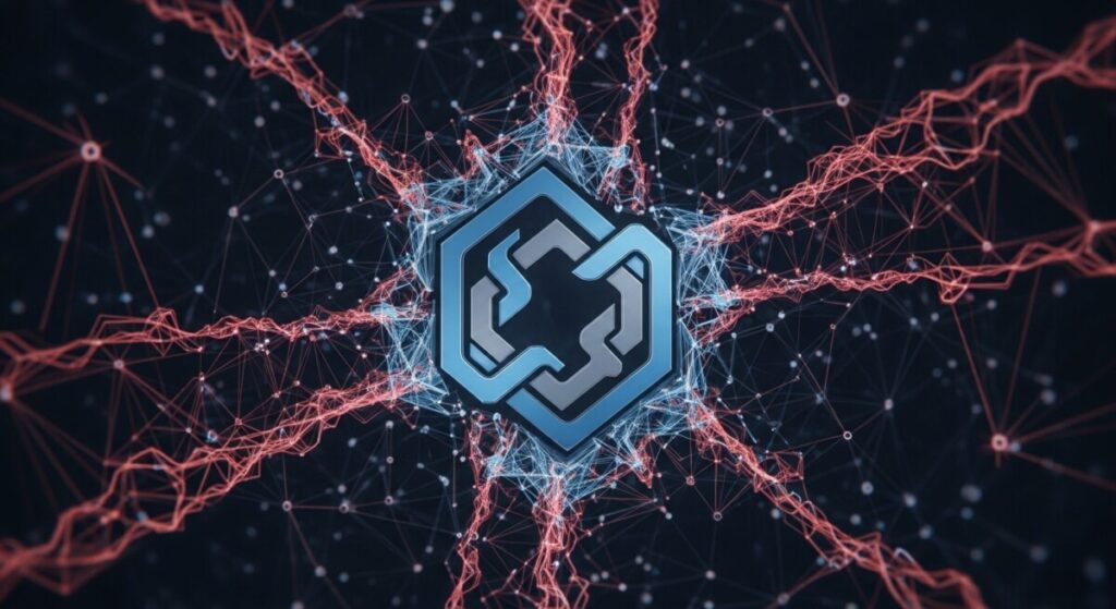 담보 없이 알고리즘으로 가치가 조절되는 복잡한 스테이블 코인 시스템을 추상적으로 표현한 이미지. 역동적인 네트워크와 안정성을 상징하는 도형들이 보입니다.