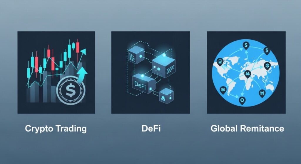 스테이블 코인의 세 가지 주요 활용처를 보여주는 아이콘: 암호화폐 거래 차트, 디파이(DeFi) 인터페이스, 그리고 글로벌 송금 지도.