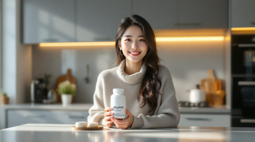 영양제를 들고 웃고있는 여자모습