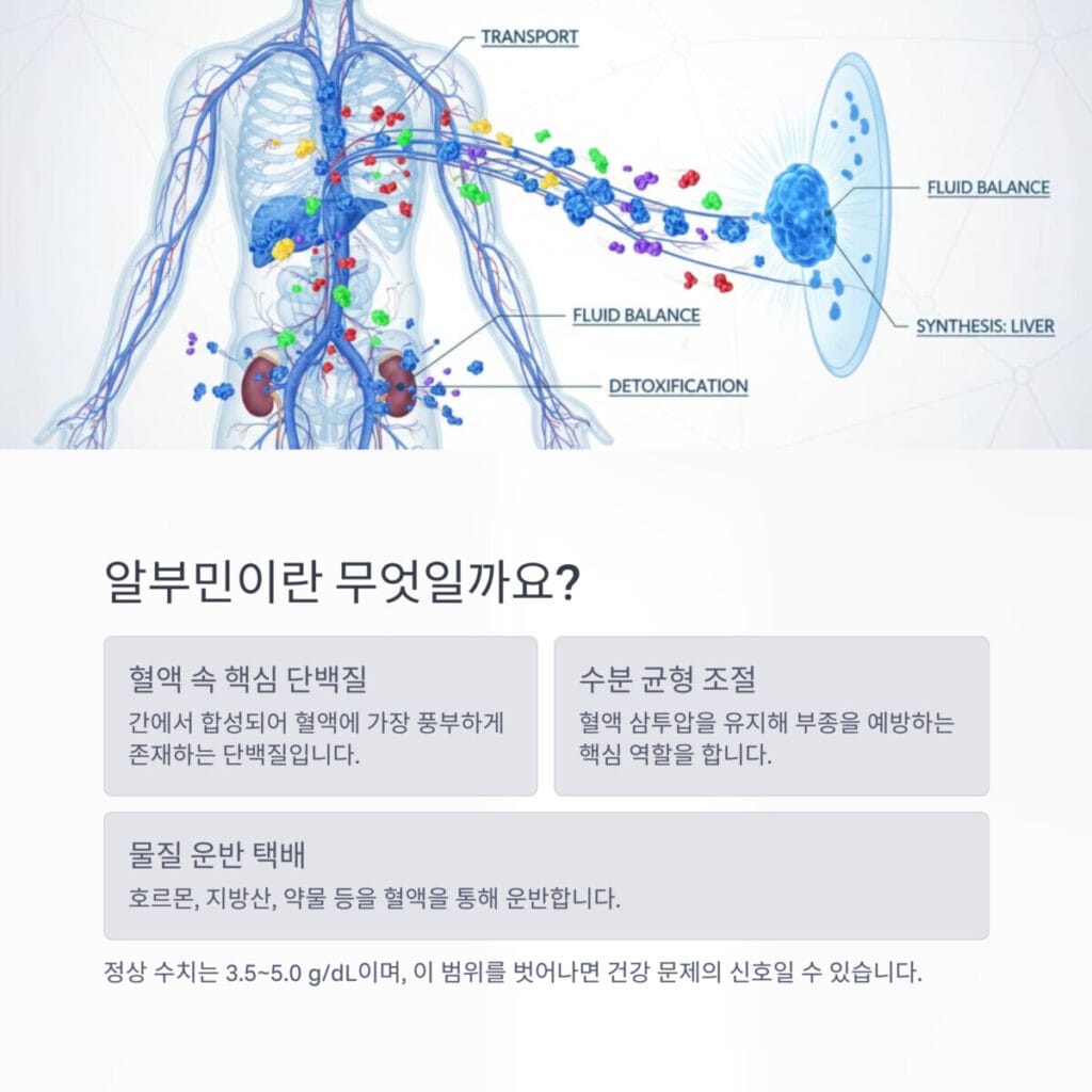 인체 내 혈관에서 알부민이 수분 균형을 조절하고 다양한 물질을 운반하는 모습을 추상적으로 표현한 이미지