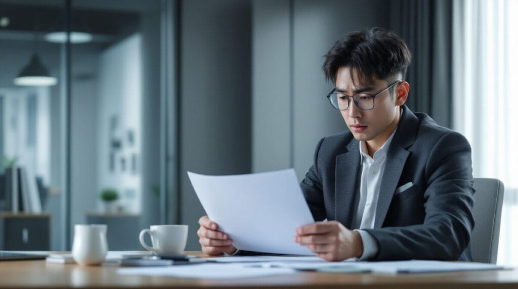 서류를 보며 걱정하고 있는 모습