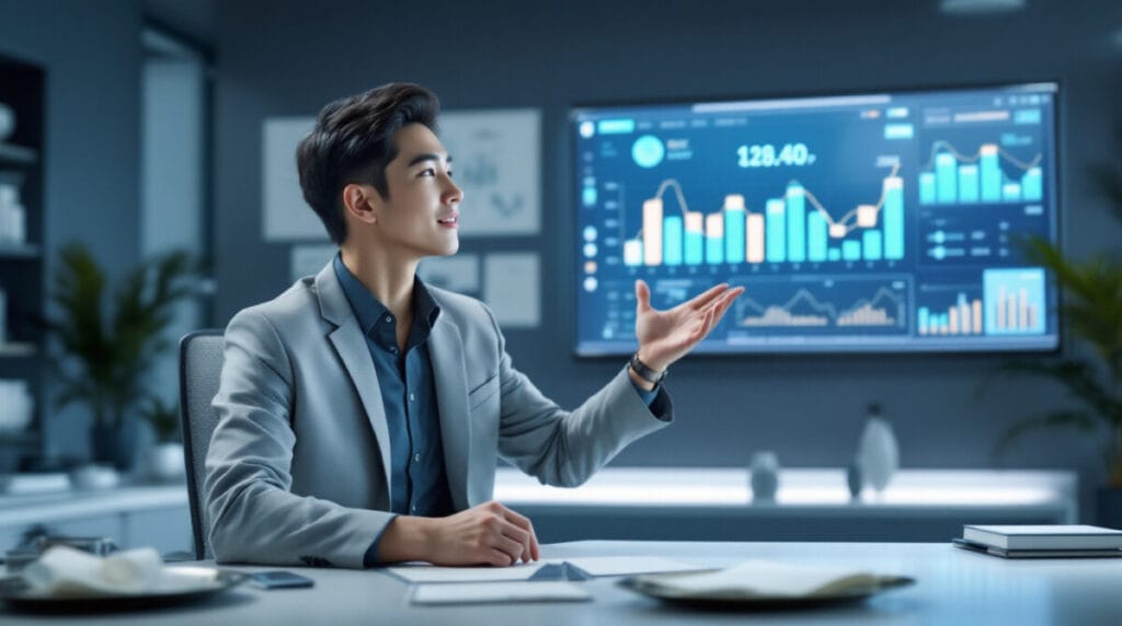 모니터를 보고 설명중인 남성