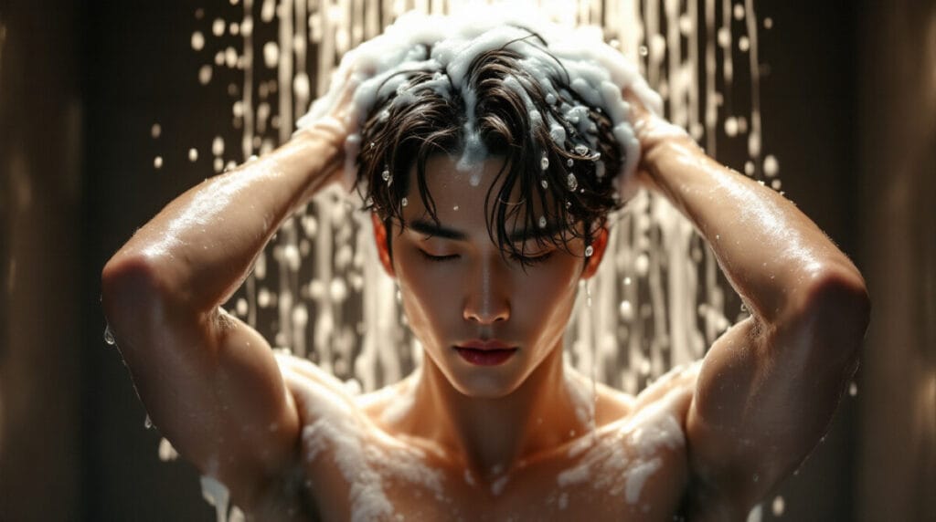 샤워를 하며 머리를 감고있는 남자모습